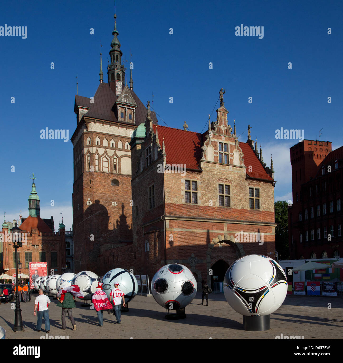 Official match balls of the UEFA European Football Championships from 2012 until 1984 (R-L) are lined up in the center of Gdansk, Poland, 12 June 2012. The EURO 2012 runs from 08 June till 01 July and takes place in Poland and the Ukraine. Photo: Jens Wolf dpa Stock Photo