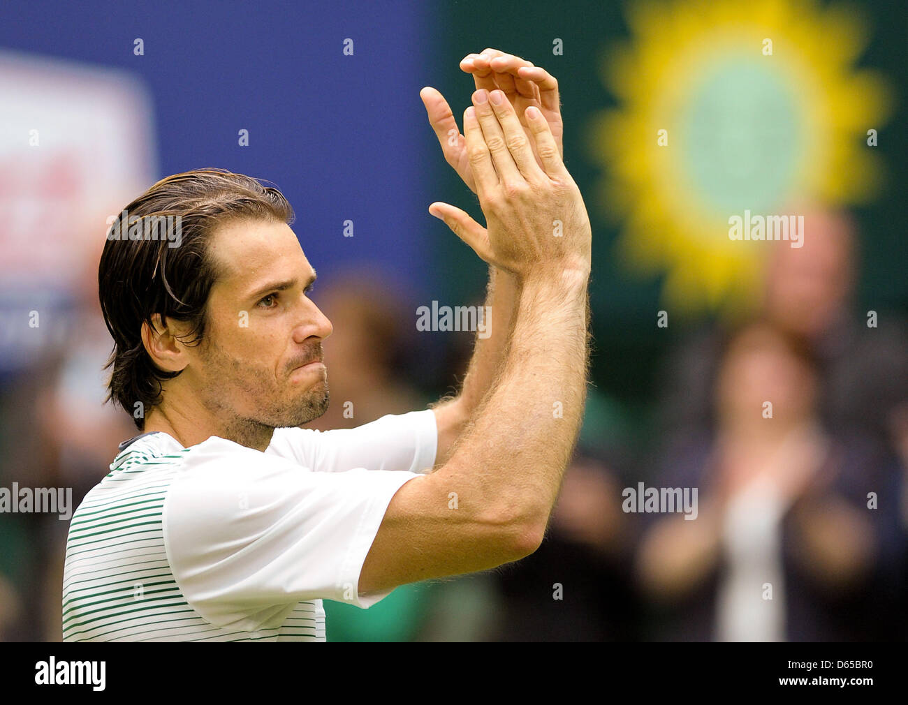 Germany's tennis player Tommy Haas cheers after the ATP Tennis Tournament Gerry Weber Open against Germany's Kohlschreiber in Halle, Germany, 16 June 2012. Photo: CHRISTIAN WEISCHE Stock Photo
