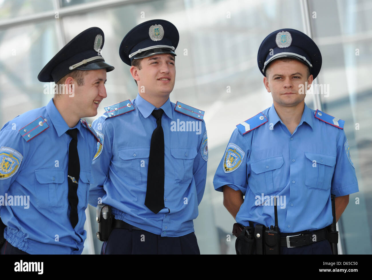 Ukrainian police officers stand guard at Lviv airport prior to the UEFA  EURO 2012 group B soccer match Denmark vs Germany at Arena Lviv in Lviv,  the Ukraine, 17 June 2012. Photo: