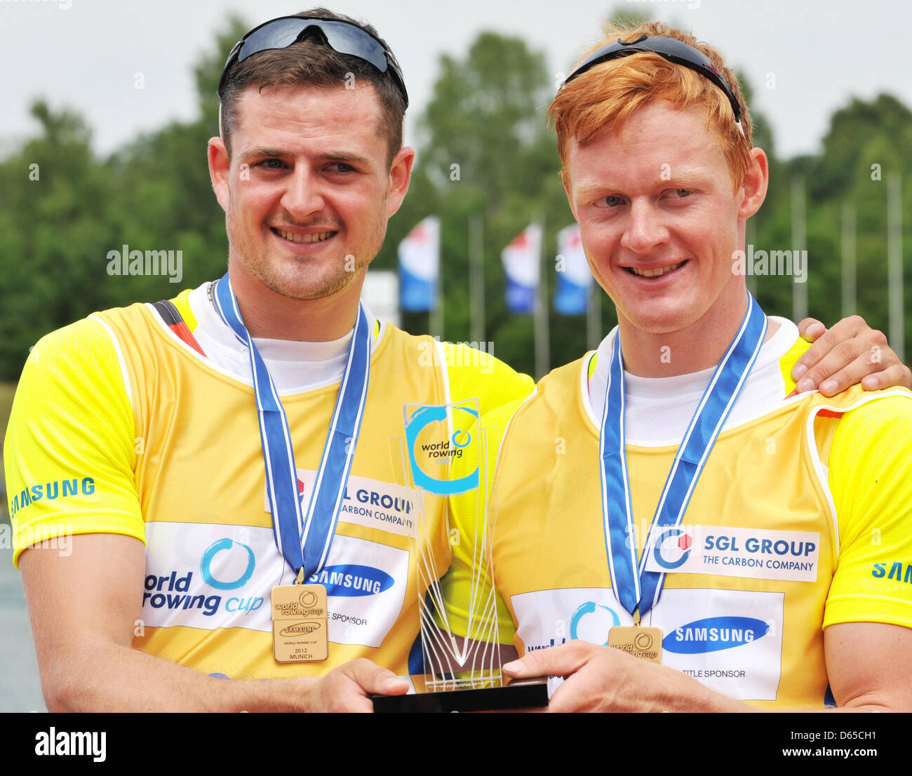 German rowers Eric Knittel (L) and Stephan Krueger pose after coming in third place in the M2x event at the rowing World Cup in Oberschleissheim near Munich, Germany, 17 June 2012. Photo: FRANK LEONHARDT Stock Photo