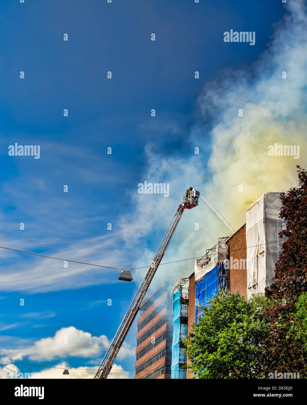 Firemen on a ladder extinguishing fire Stock Photo