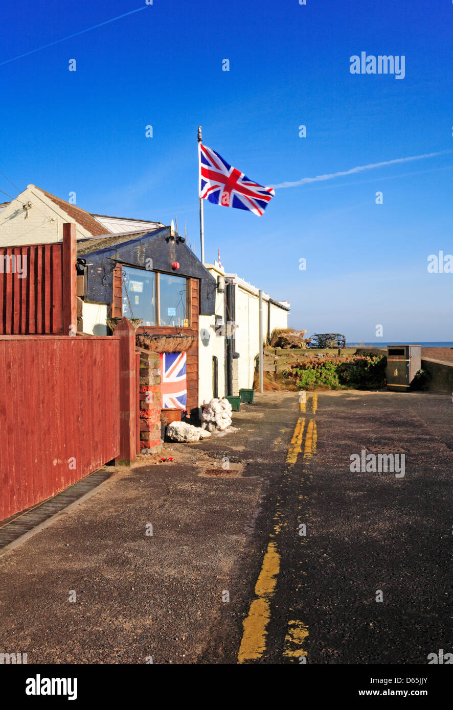A small souvenir shop by the seawall at Bacton-on-Sea, Norfolk, England, United Kingdom. Stock Photo