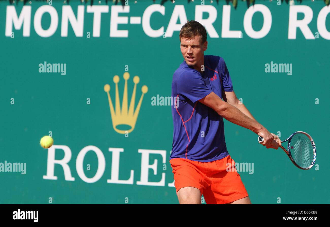 TOMAS BERDYCH PRACTICES CZECH REP (UK USE ONLY) MONTE CARLO  FRANCE 10 April 2013 Stock Photo