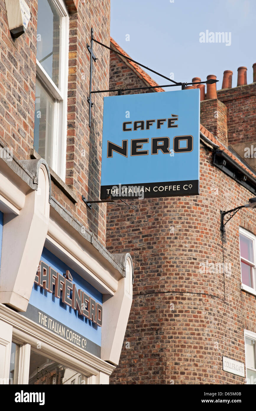Close up of Caffe Cafe Nero coffee shop sign exterior signage York North Yorkshire England UK United Kingdom GB Great Britain Stock Photo