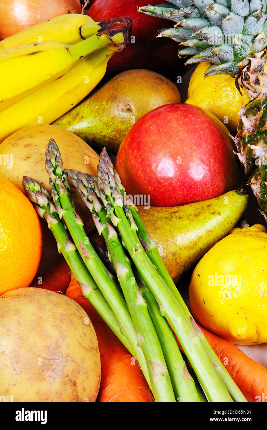 Selection of fruit and vegetables including Asparagus, Banana, Potato