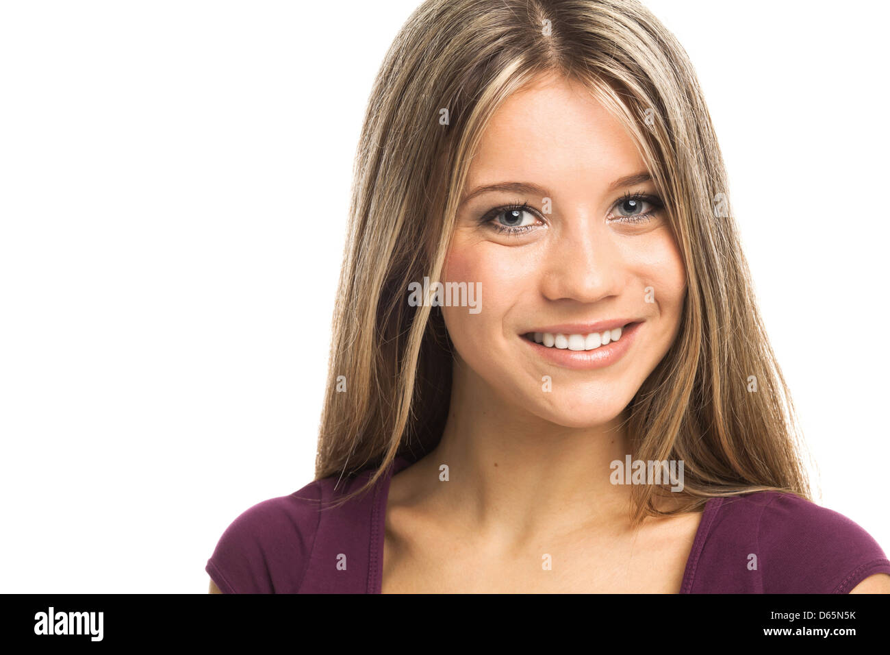 Close up portrait of a beautiful woman smiling, on white Stock Photo