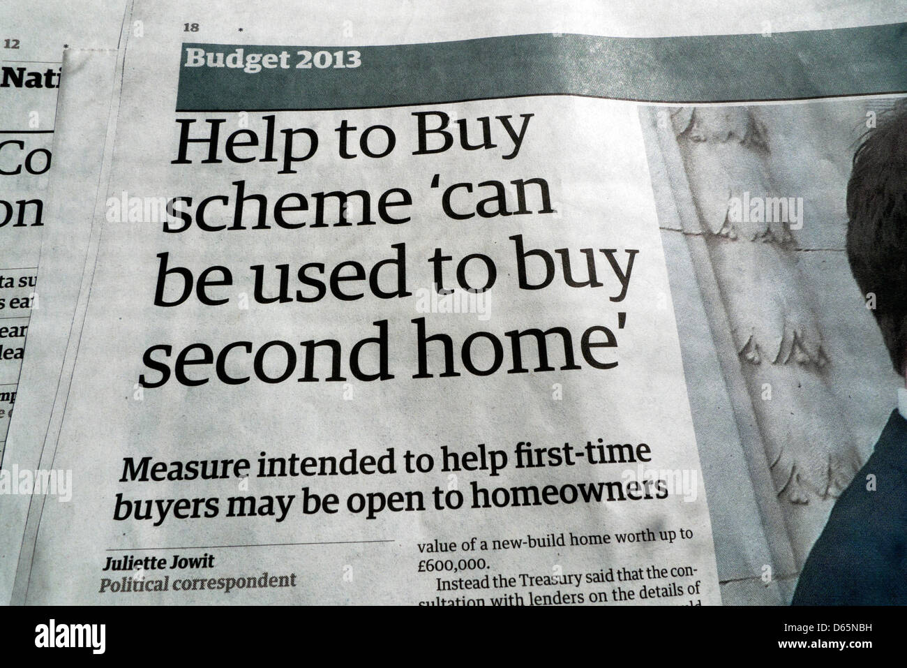 Help to Buy Scheme 'can be used to buy second home' Guardian newspaper headline 21 March 2013 London England UK Stock Photo