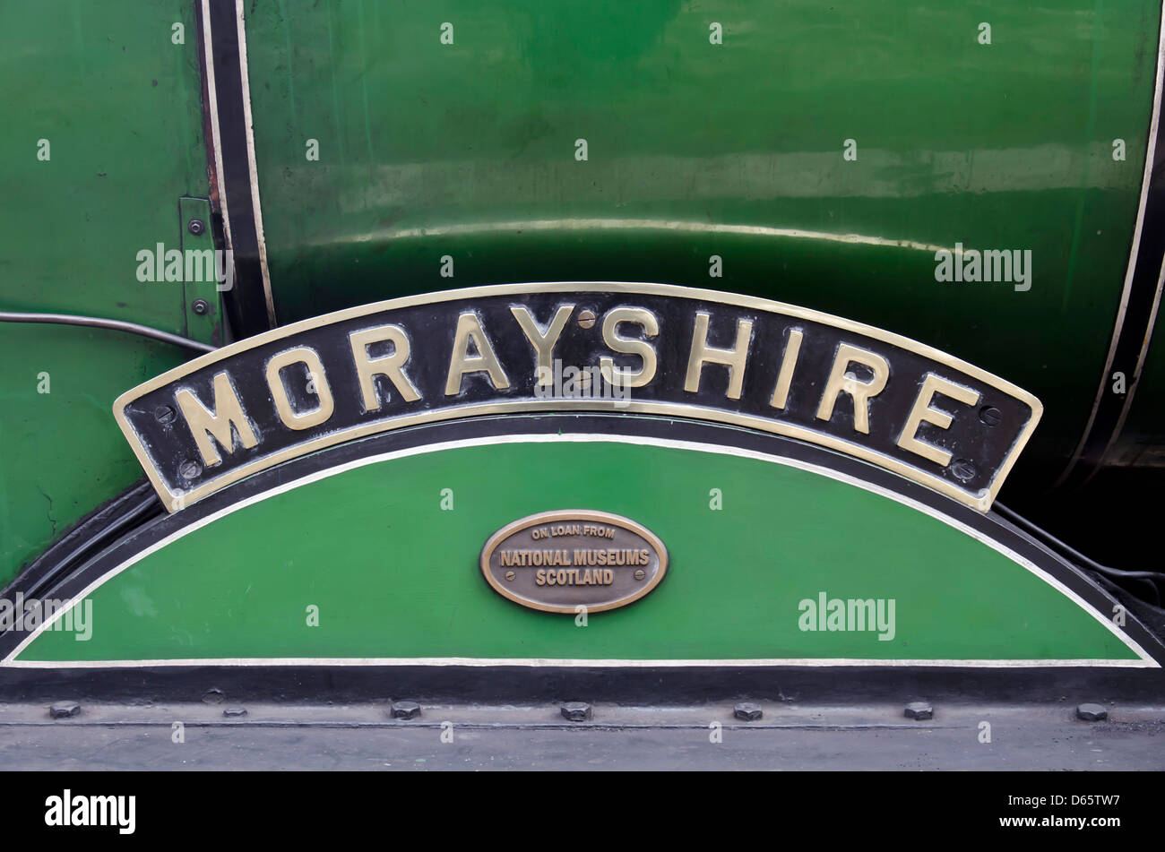 Nameplate on the Steam locomotive 'Morayshire' at Birkhill Station on the Bo'ness and Kinneil Railway in West Lothian, Scotland. Stock Photo