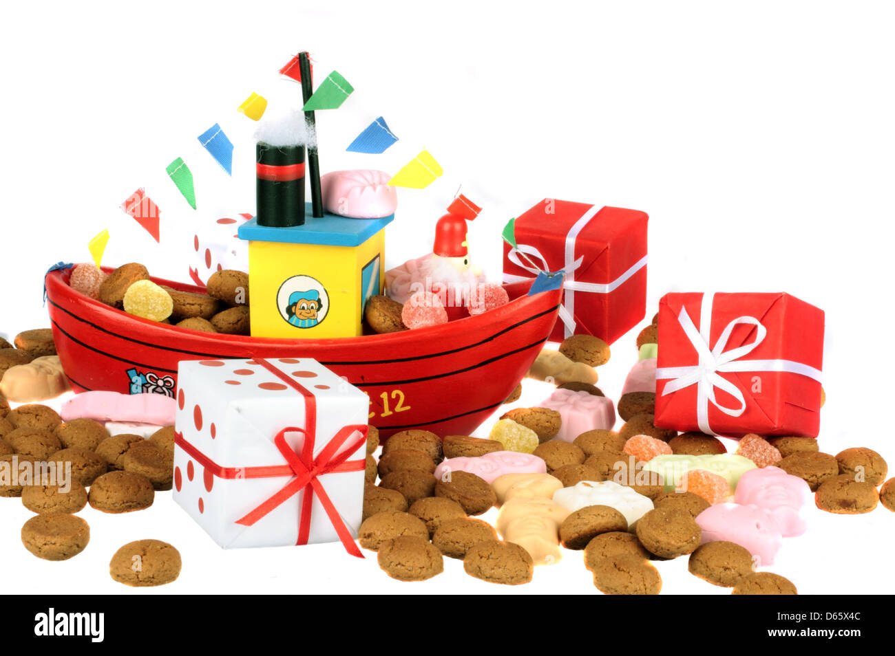 Traditional dutch culture: The steamboat from santa claus with gingernuts and presents at 5th december santa claus feast Stock Photo