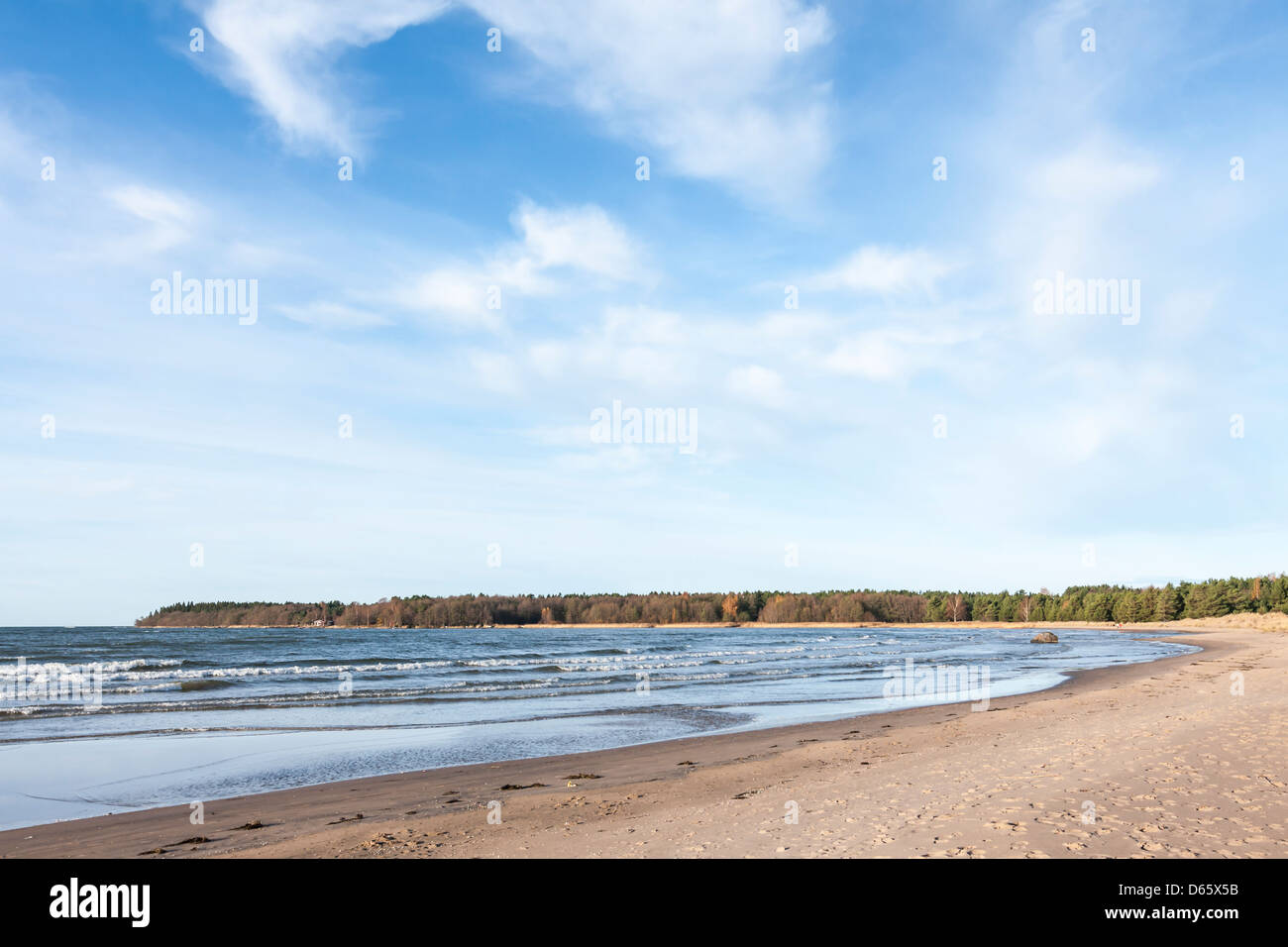 A cold and windy afternoon at Yyteri beach in Pori, Finland. The six-kilometer long sandy beach is famous for its dunes. Stock Photo