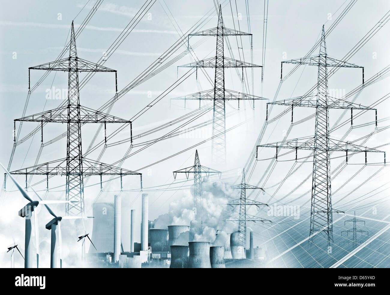 Composing on electricity classic, and with wind and solar energy and related to electricity transmission. Stock Photo