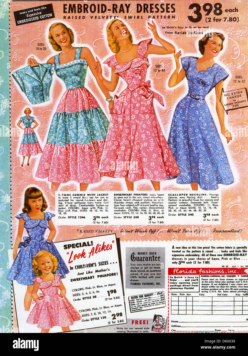 AMERICAN FASHION ADVERT about 1955 for Embroid-Ray dresses Stock Photo