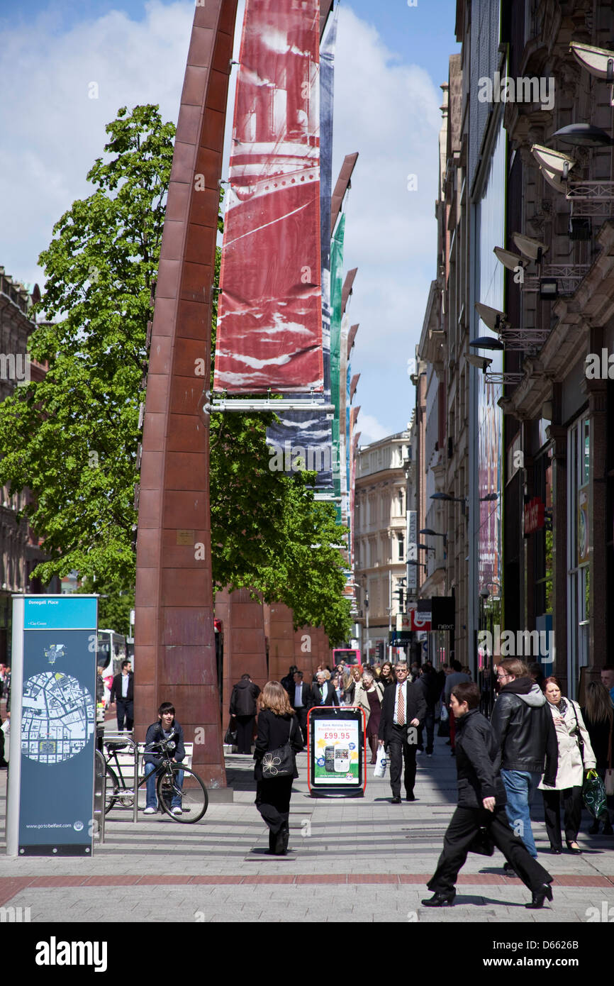 Donegall Place, Belfast, Northern Ireland, Shopping, Public Art, Lighting Masts, Harland and Wolff, Titanic Stock Photo