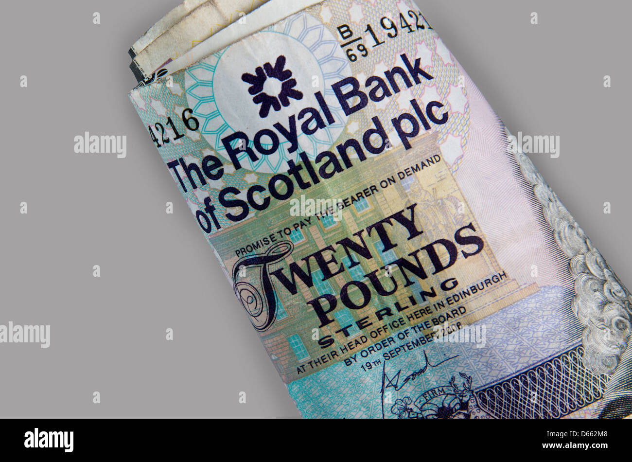 Scottish sterling bank notes details in a roll. Money  £20  twenty pounds Royal Bank of Scotland   134457 Bank note Stock Photo