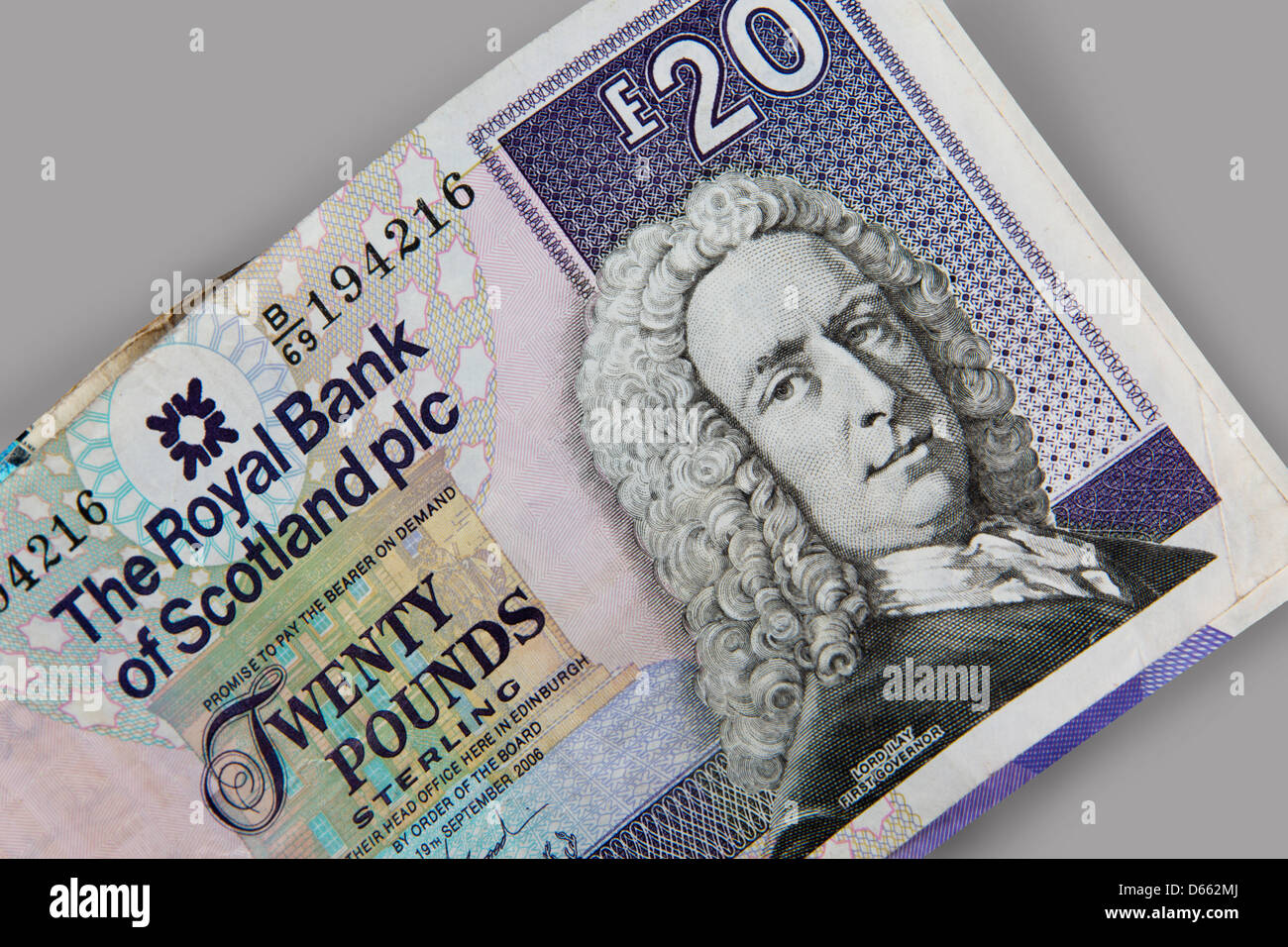 Scottish sterling bank notes details. Money  £20  twenty pounds Royal Bank of Scotland   134458 Bank note Stock Photo