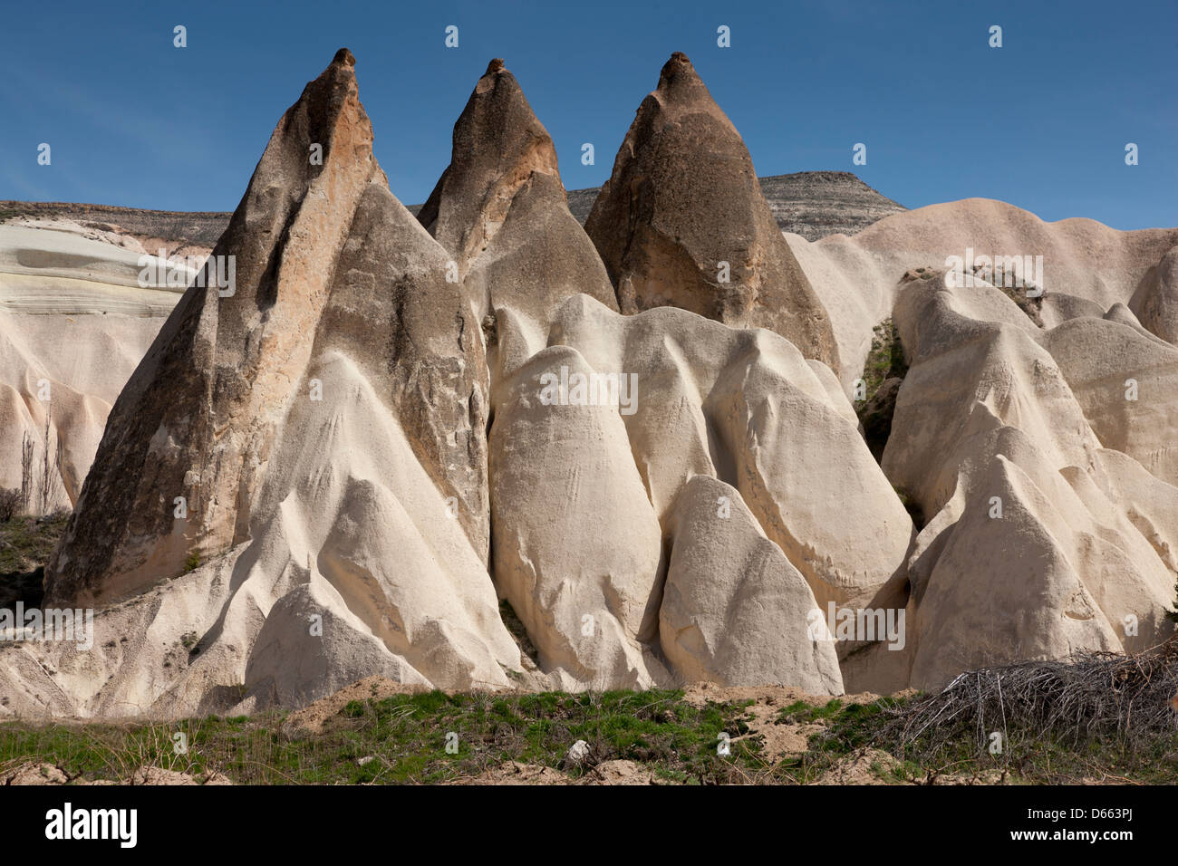 Rock formations known as fairy chimneys near the towns of Göreme and Çavusin, Cappadocia, Turkey Stock Photo