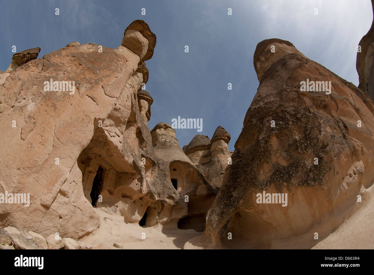Rock formations known as fairy chimneys near the towns of Göreme and Çavusin, Cappadocia, Turkey Stock Photo