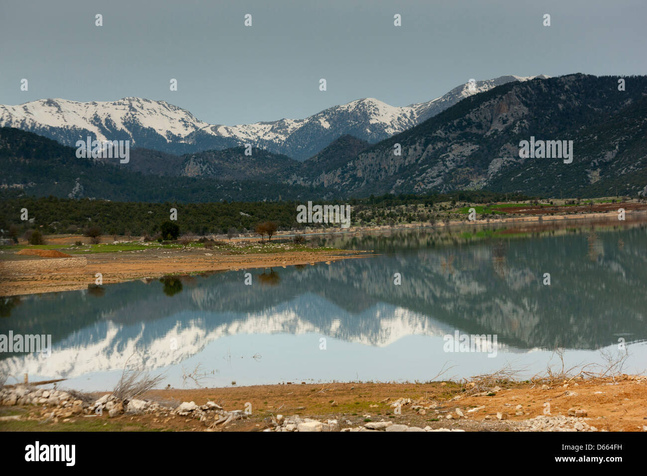 Mountains reflected in a lake on the D350 road between Ankara and Fethiye Stock Photo