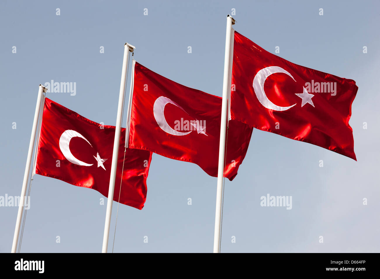 Three Turkish flags in Fethiye Stock Photo