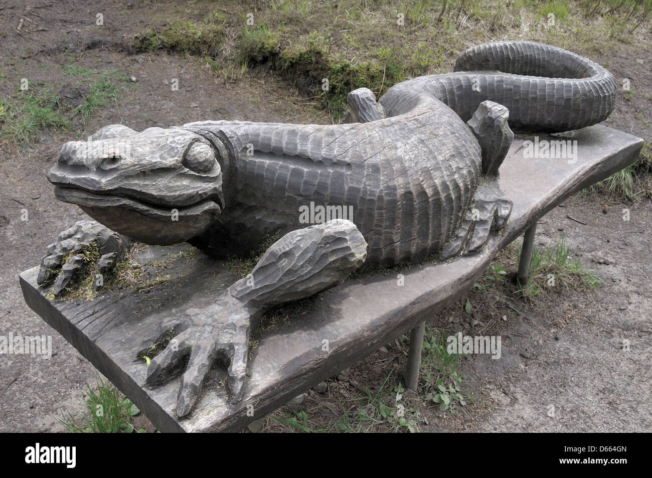 Lizard carving and bench Stock Photo Alamy
