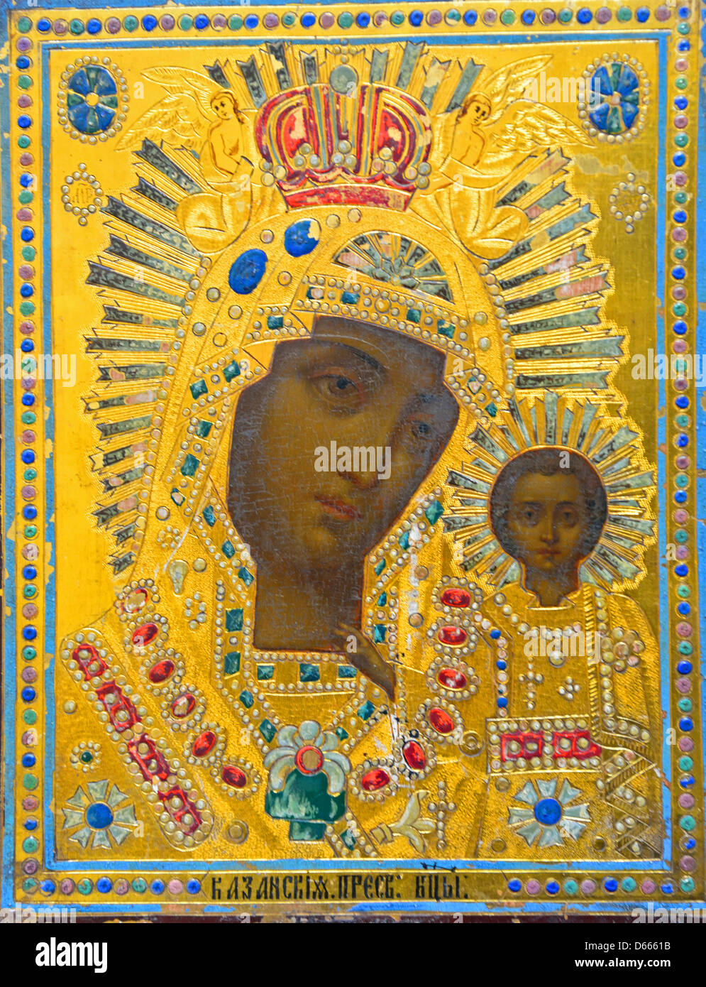 'Madonna and Child' Russian Orthodox religious icon, Moscow, Central Region, Russian Federation Stock Photo