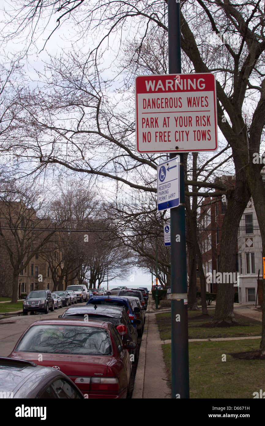 Dangerous waves sign on street ending at Lake Michigan, Chicago