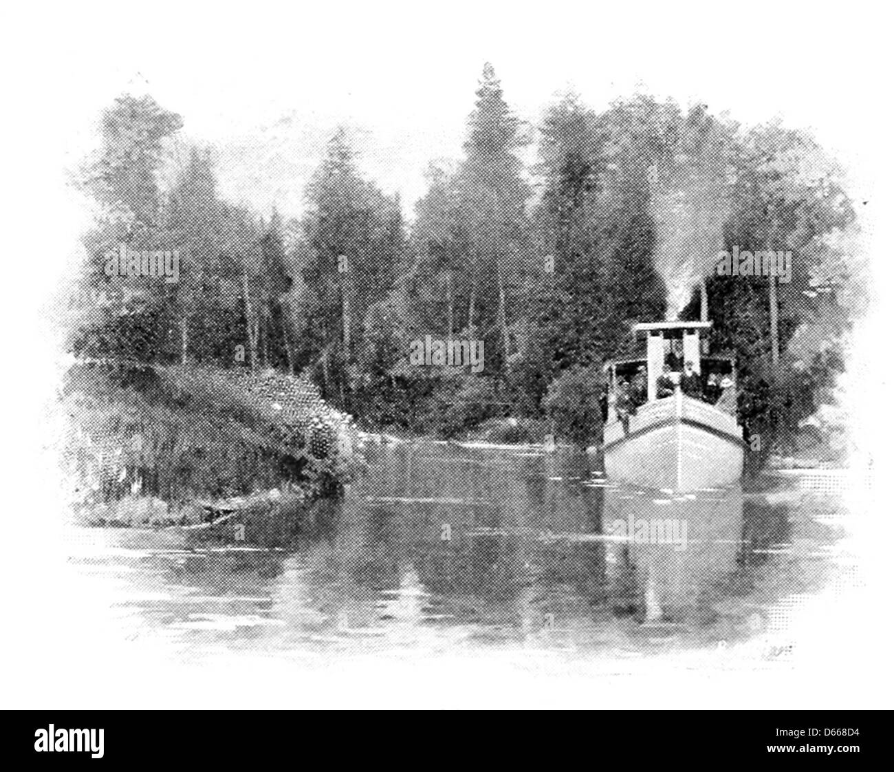This 1895 photograph from 'A Summer Note-Book' features a steamboat on a river, evoking the leisure and travel culture of the late 19th century. The image showcases the river transportation method that was prevalent in this era. Stock Photo