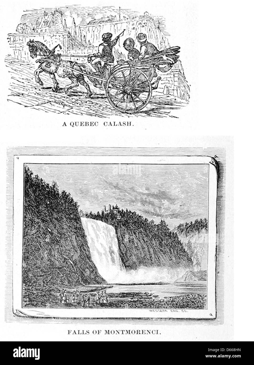 This 1879 image highlights Quebec’s Calash Falls, part of the natural beauty visitors enjoyed during their summer vacation in the White Mountains region, showcasing the scenic waterfall. Stock Photo