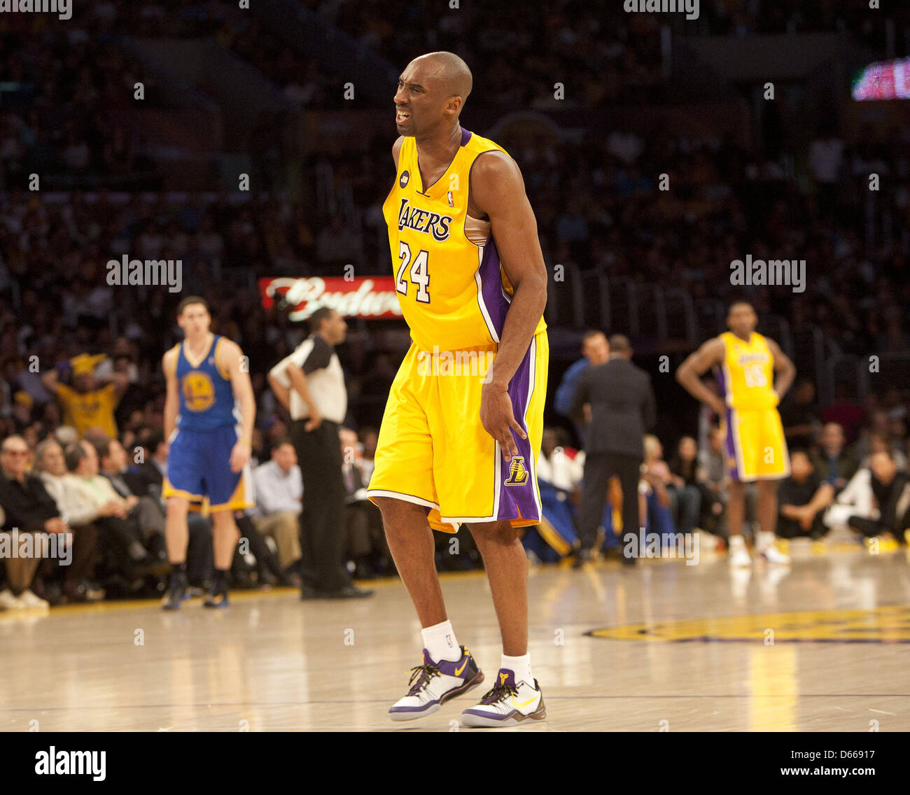 Los Angeles, CA, USA. April 12, 2013.  Los Angeles Lakers Kobe Bryant reacts as he walk the court during the second half of the game  against The Golden State Warriors  at the Staples Center In Los Angeles,California Friday 12 April 2013. Los Angeles Lakers won the game 118 to 116 .ARMANDO ARORIZO. (Credit Image: Credit:  Armando Arorizo/Prensa Internacional/ZUMAPRESS.com /Alamy Live News) Stock Photo