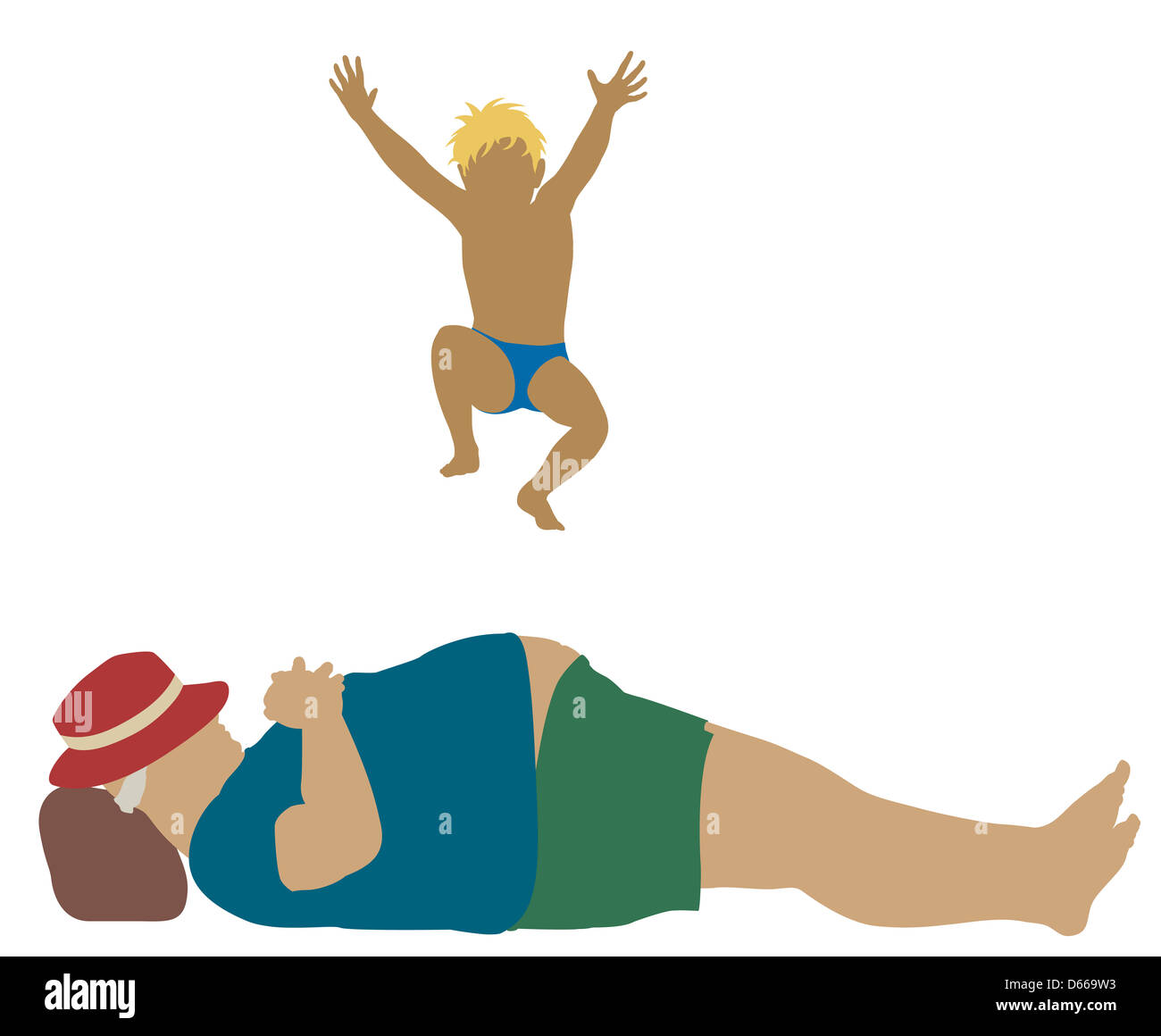 Cartoon illustration of a young boy jumping onto a sleeping fat man's belly Stock Photo