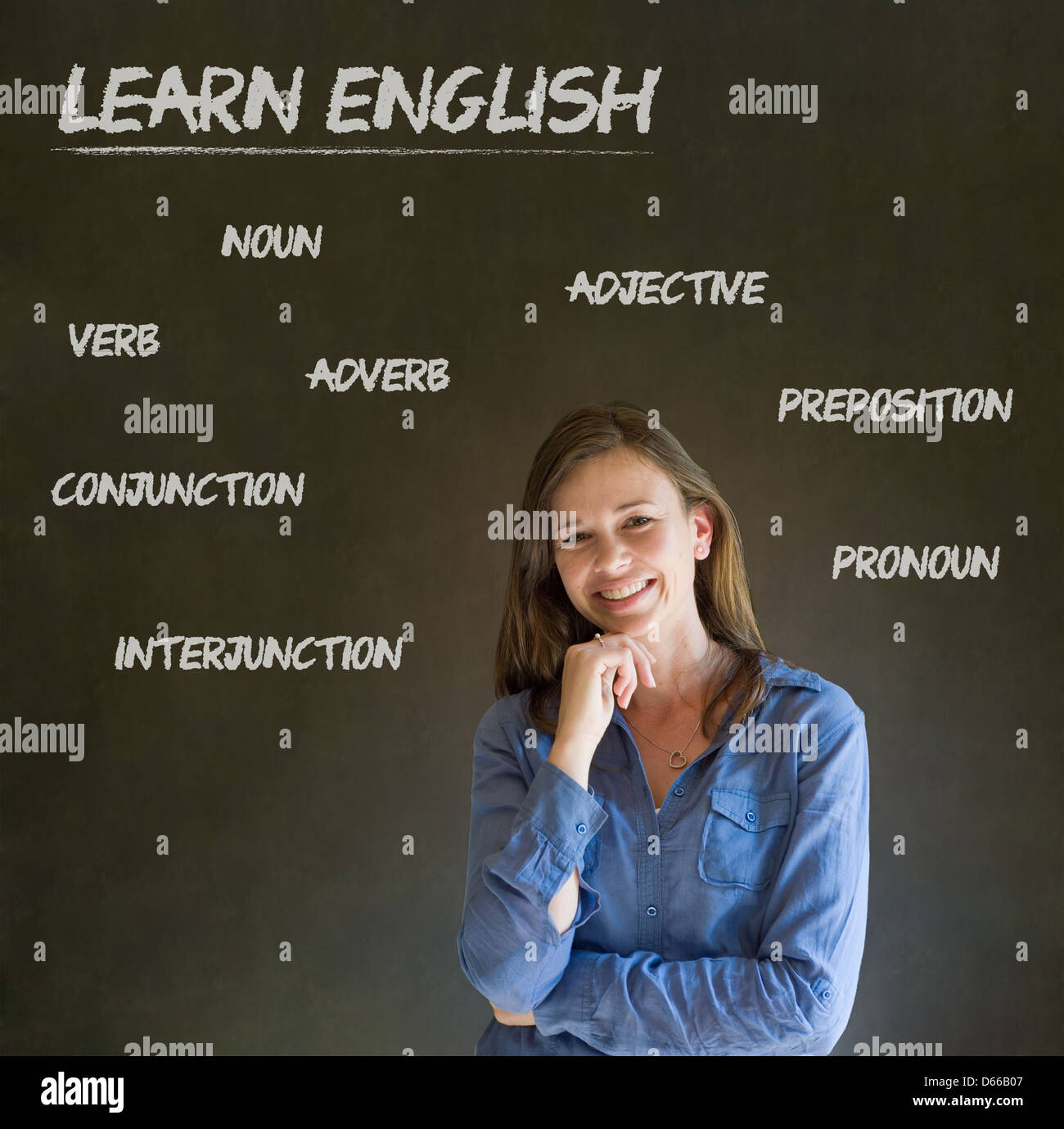 Learn English confident beautiful woman teacher chalk blackboard background Stock Photo - Alamy
