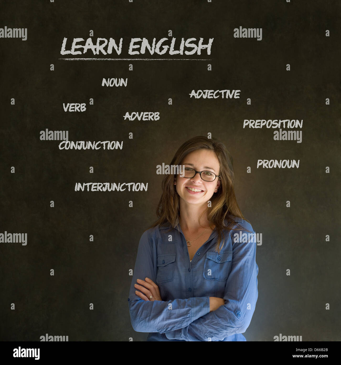 Learn English confident beautiful woman teacher chalk blackboard background Stock Photo - Alamy