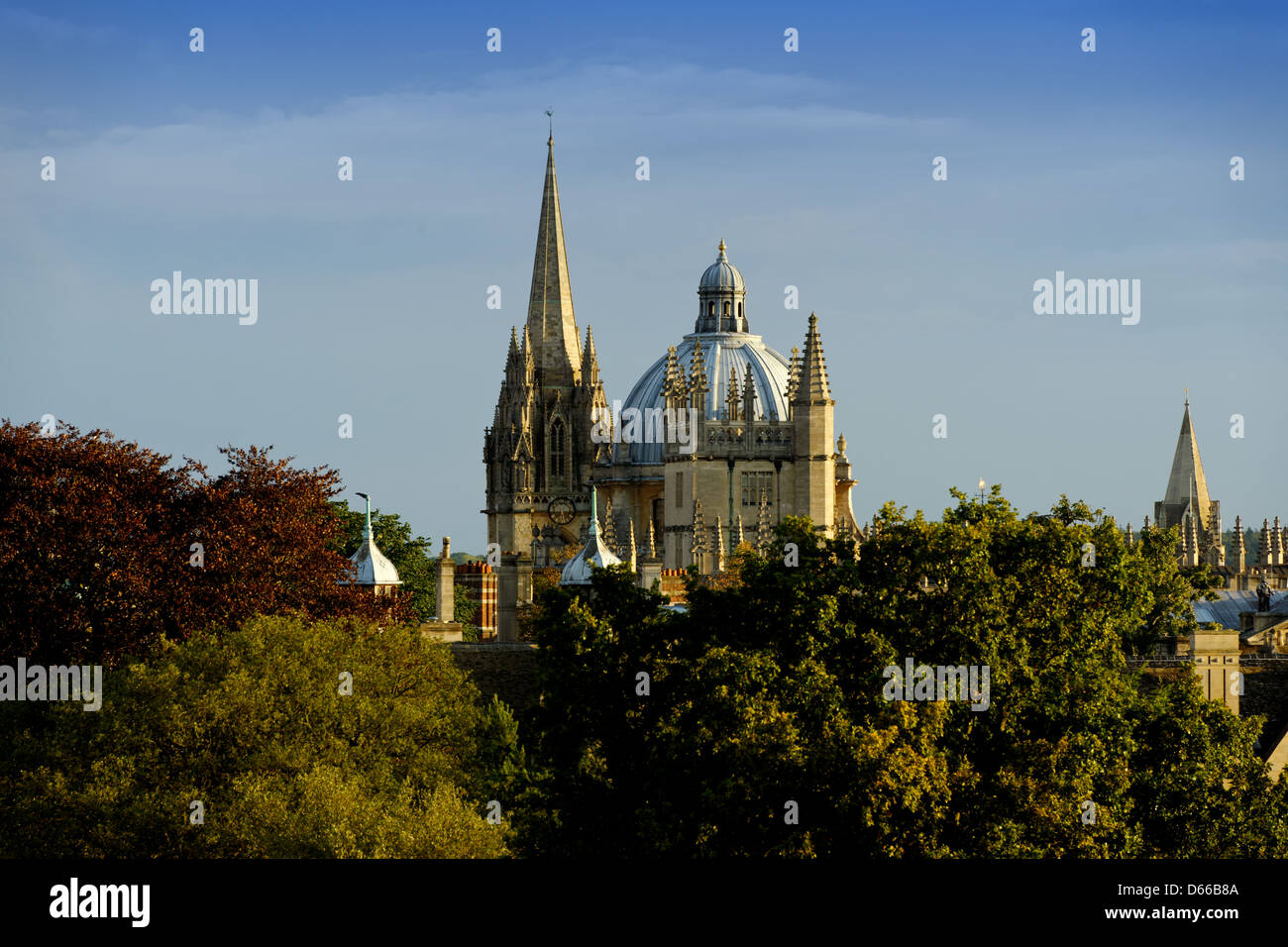 View of Oxford from the Earth Sciences building looking towards the Radcliffe Camera, St Mary's Church and the Old Schools Tower Stock Photo