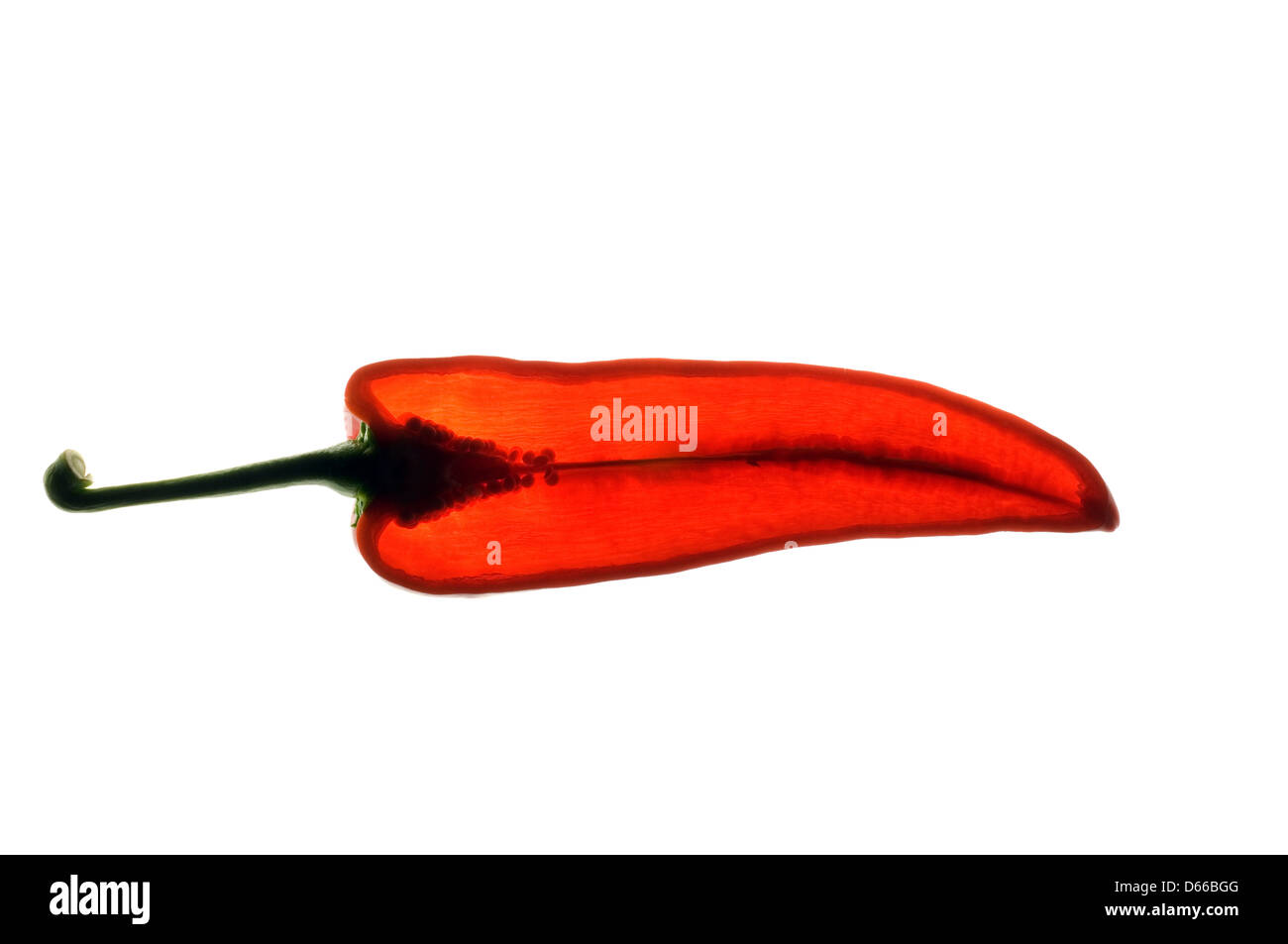 Red Romano pepper cut in half, back lit Stock Photo Alamy