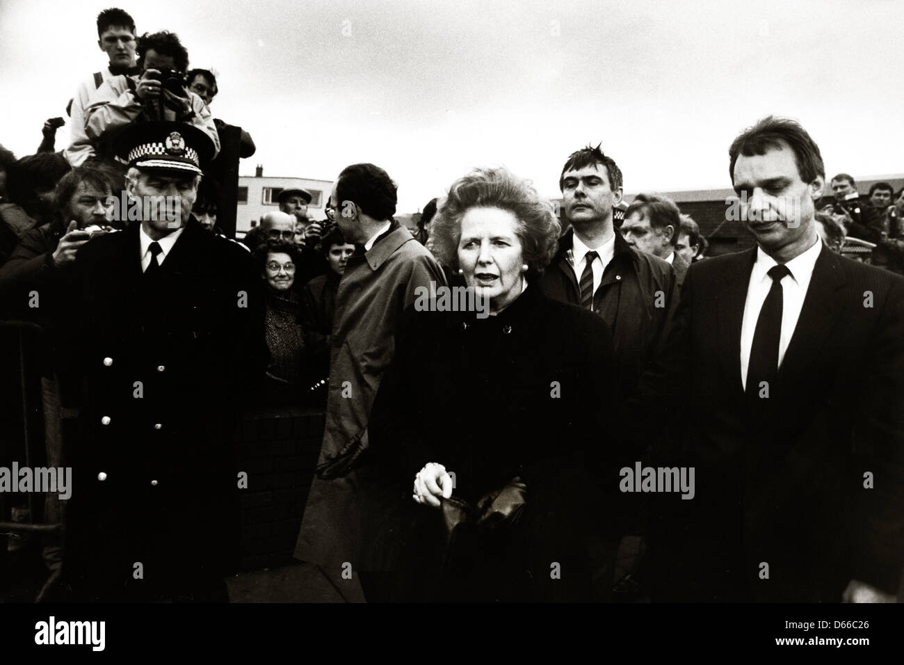 PrimeMinister Margaret Thatcher arrives in Lockerbie the day after Pan Am Flight 103 crashed on the Scottish town after being blown up by terrorists Stock Photo