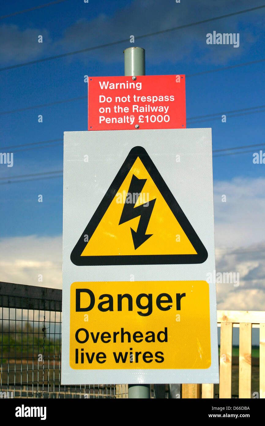 East Coast Main Line, danger sign at level crossing. Stock Photo