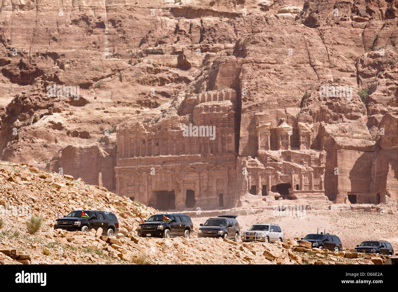 US President Barack Obama's motorcade departs the ancient city of Petra March 23, 2013 in Jordan. Stock Photo
