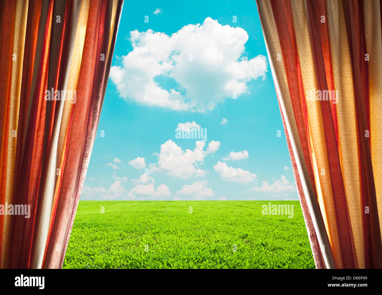 Open window curtains with green field Stock Photo - Alamy