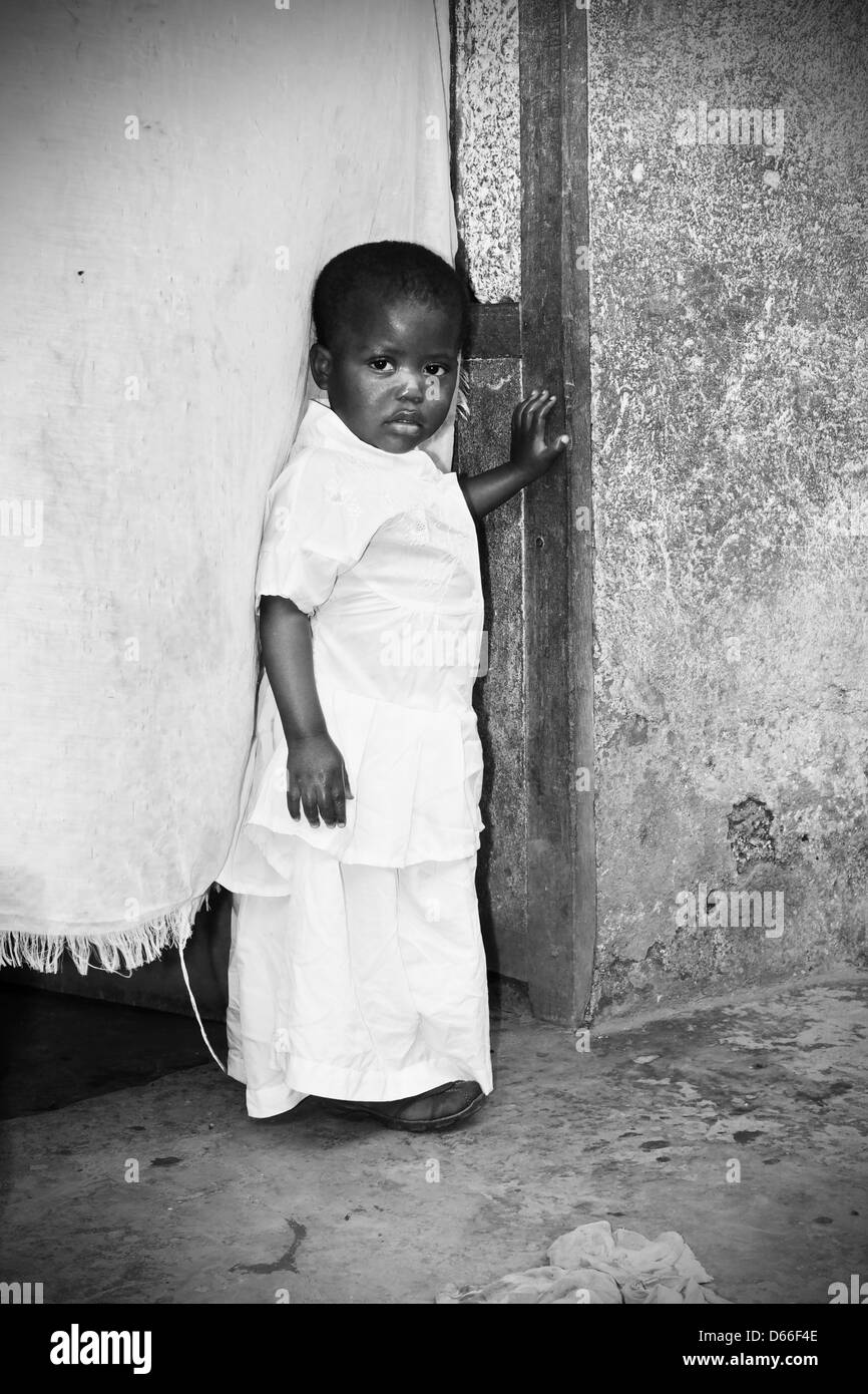 Dramatic black and white of African baby girl Stock Photo
