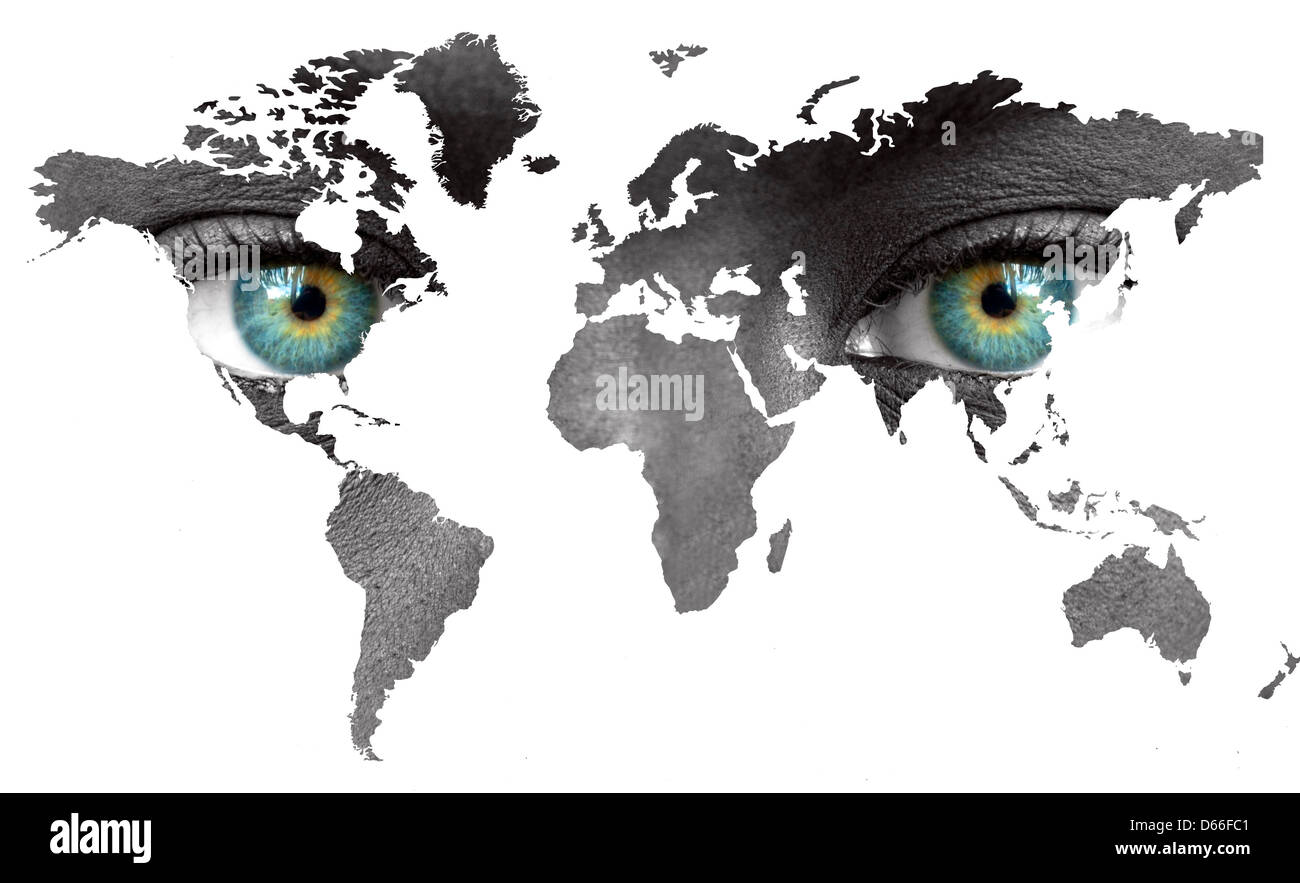 World map with human eyes isolated on white Stock Photo