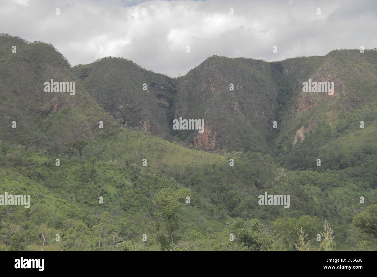 Mountains at Chapada dos Veadeiros, national park, Goias,Brazil.Land scape of high altitude flora, vegetation species. Stock Photo