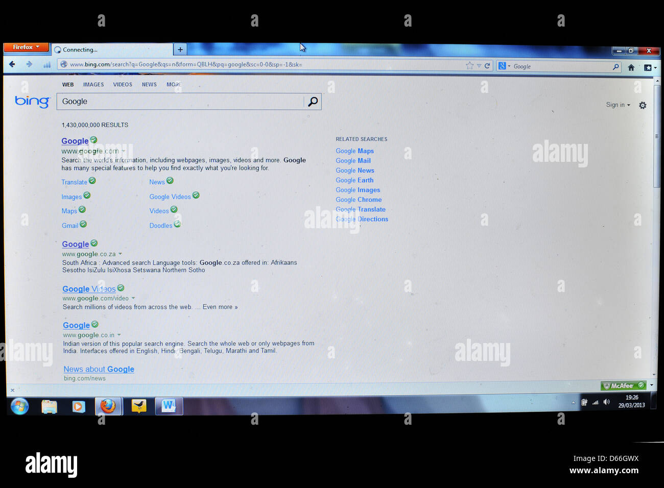 Image of a computer screen a search for Google on the Bing search engine. Stock Photo