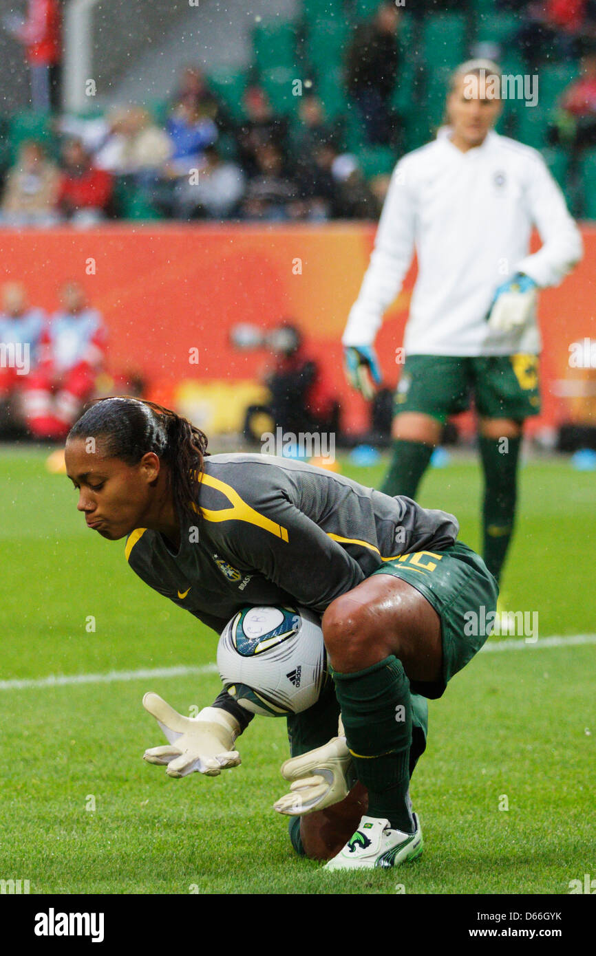 Goalkeeper Barbara of Brazil makes a save during team warmups before a