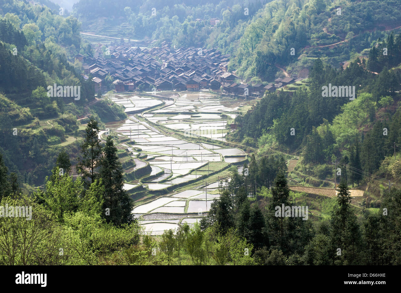 Zhaoxing village and farms in the Guizhou province of China Stock Photo