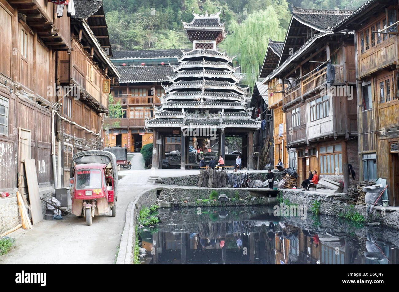 Drum tower in the Zhaoxing village in the Guizhou province of Chin Stock Photo
