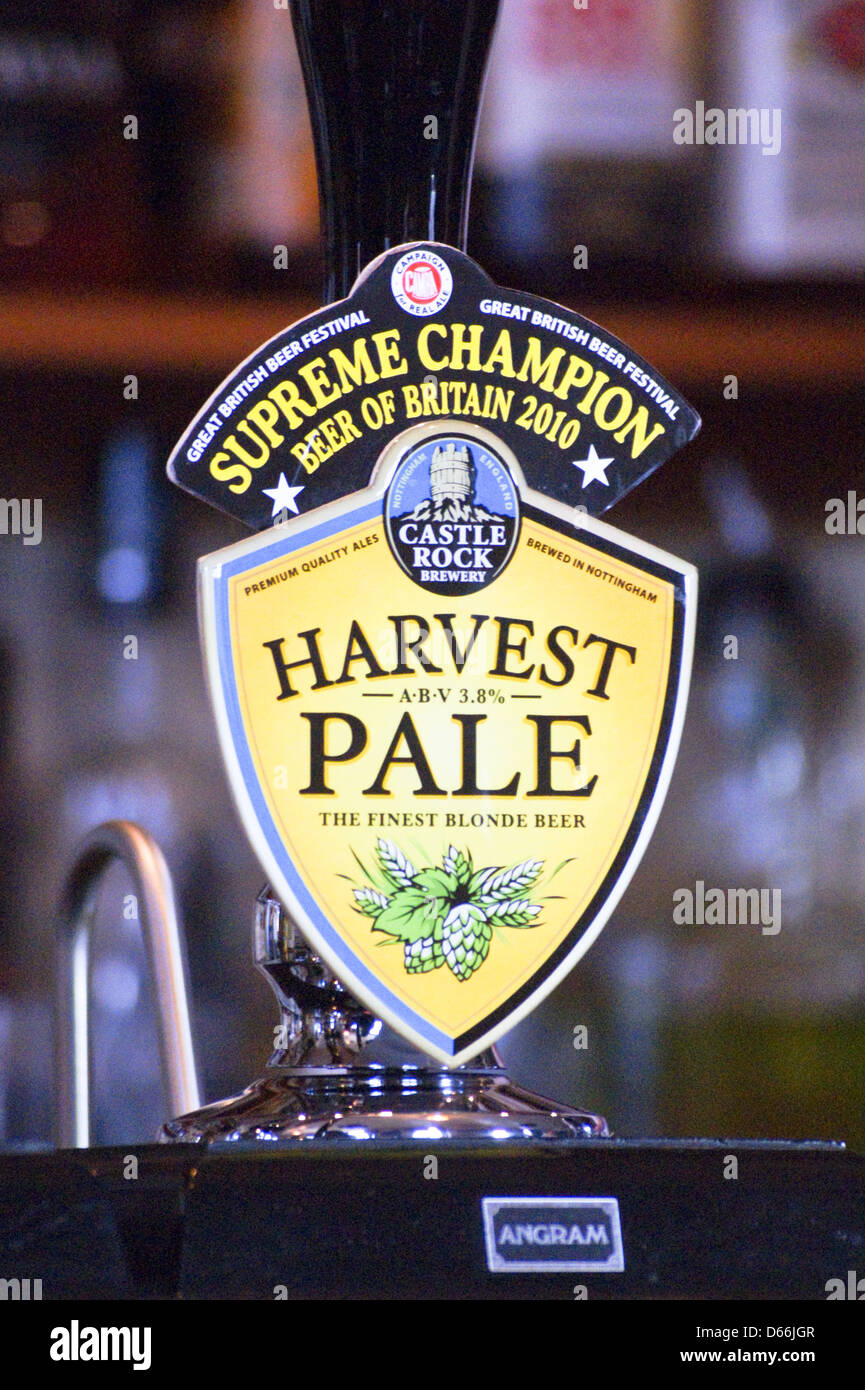 A pump clip of 'Harvest Pale' golden ale,  beer from Castle Rock brewery, Nottingham Stock Photo