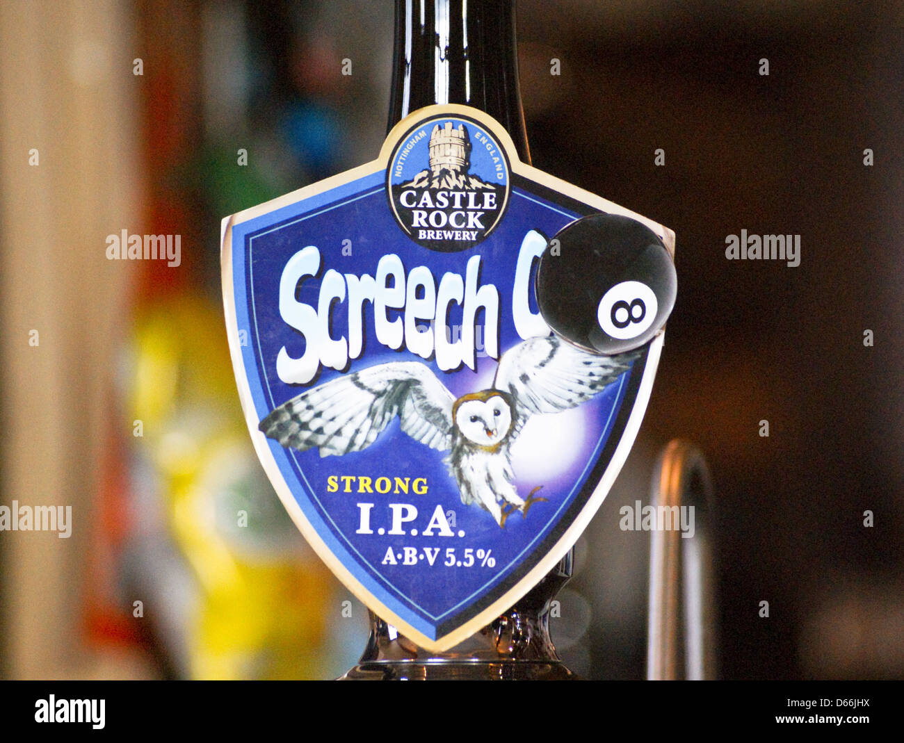 A pump clip of 'Screech Owl' IPA beer from Castle Rock brewery, Nottingham Stock Photo