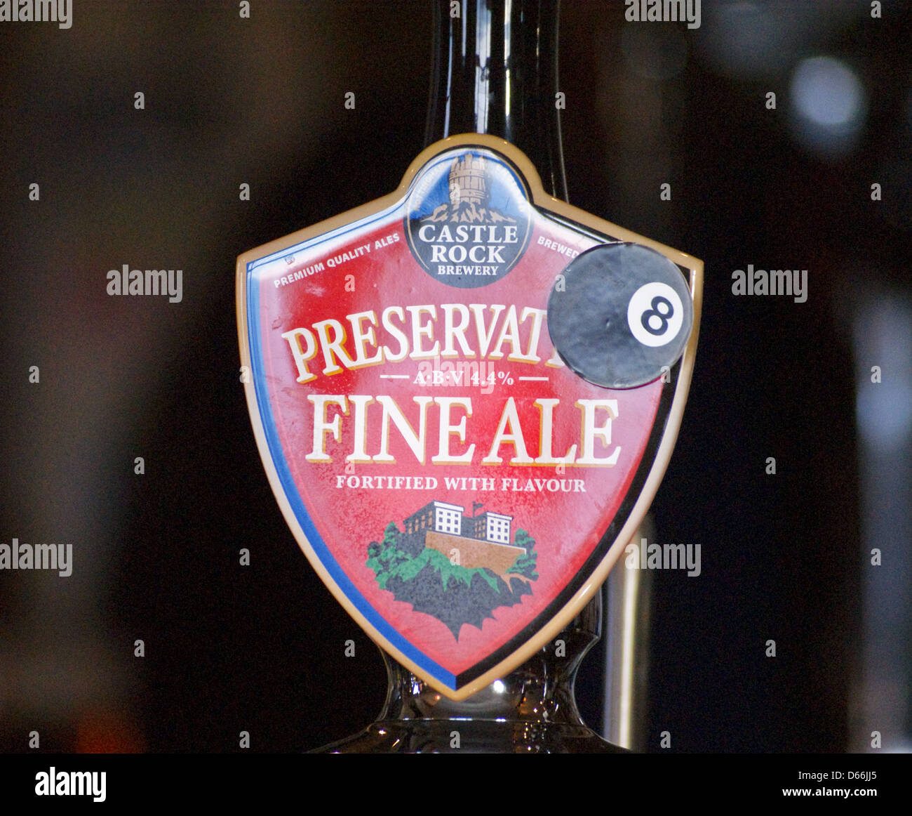 A pump clip of 'Preservation Fine Ale' bitter from Castle Rock brewery, Nottingham Stock Photo