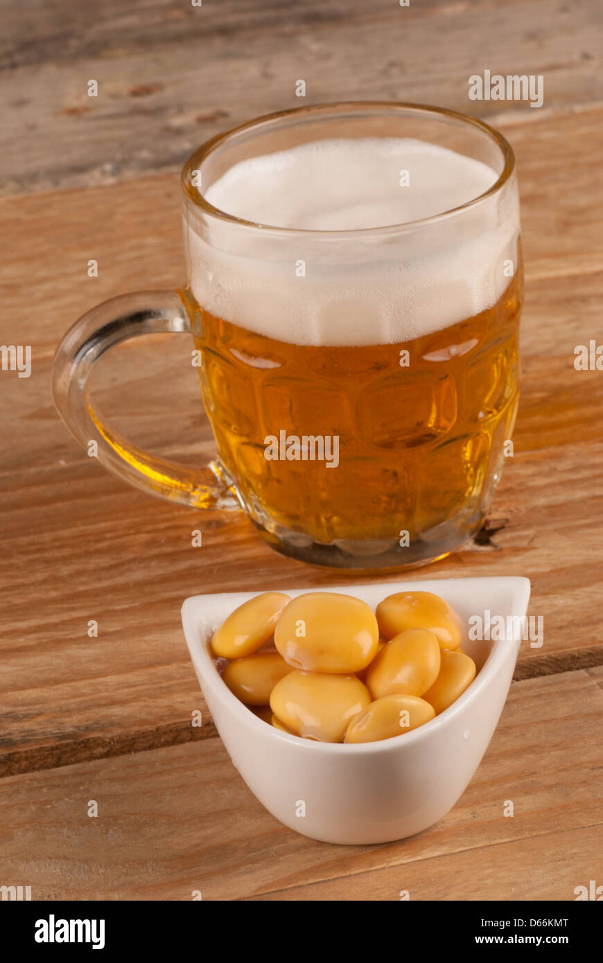 Pickled lupin beans with a draught beer, a Spanish classic Stock Photo
