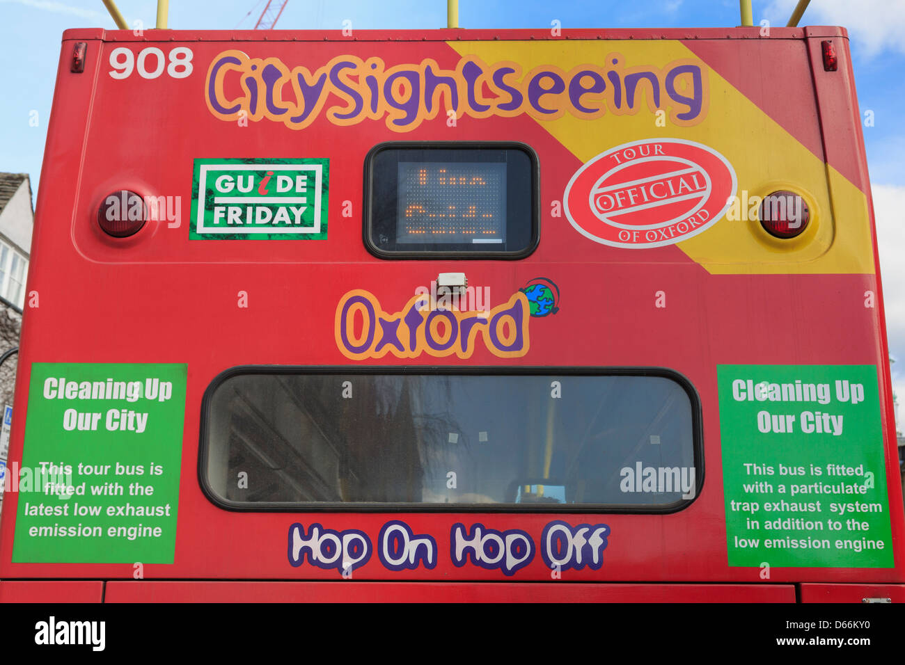 Environmental signs on environmentally friendly city sightseeing bus with low emission engine in Oxford Oxfordshire England UK Stock Photo